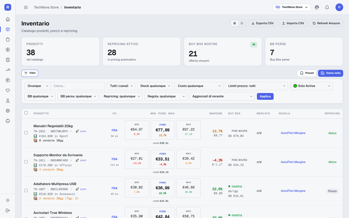 Inventario Reprixo - catalogo, prezzi, limiti e stato Buy Box